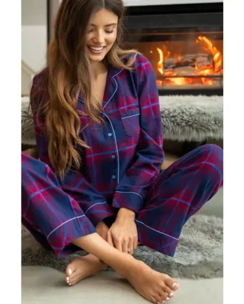 Cosy Check Brushed Cotton Pyjama Gift Set - Navy/Berry