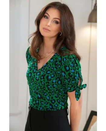 Bella Fuller Bust V-Neck Slinky Stretch Top - Green Leopard