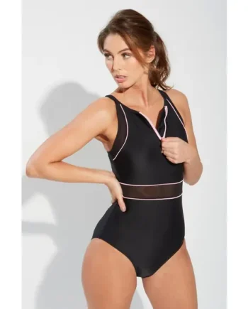 Energy Chlorine Resistant High-Neck Zip Front Swimsuit - Black/Pink
