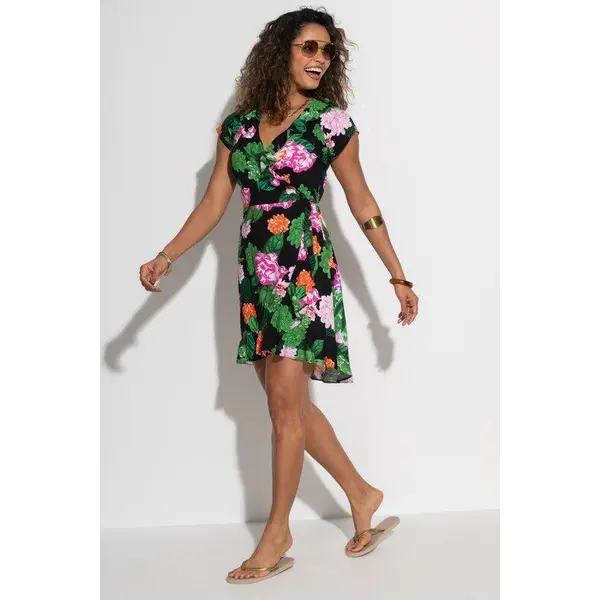 Penny Frill Wrap Beach Dress - Black/Green/Pink