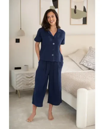 Woven Double Cloth Revere Shirt & Cropped Trouser Set - Navy