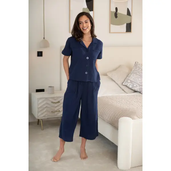 Woven Double Cloth Revere Shirt & Cropped Trouser Set - Navy