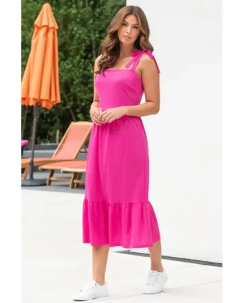 Laura Fuller Bust Pique Jersey Tie Strap Tiered Midi Dress - Hot Pink