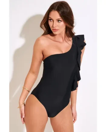 Frill One Shoulder Control Swimsuit - Black
