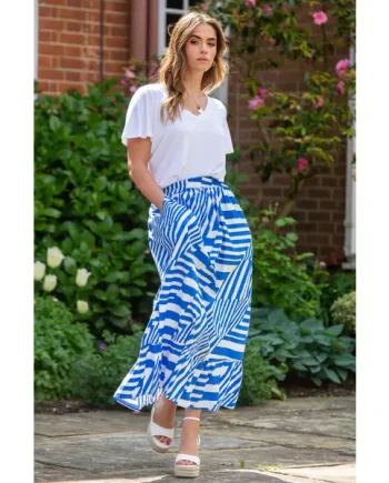 Susan Cotton Poplin Tiered Hem Midaxi Co-Ord Skirt - Blue/White