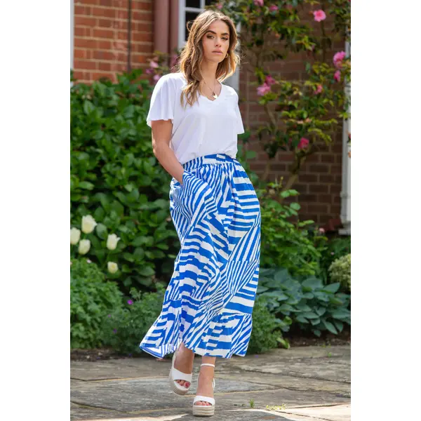 Susan Cotton Poplin Tiered Hem Midaxi Co-Ord Skirt - Blue/White