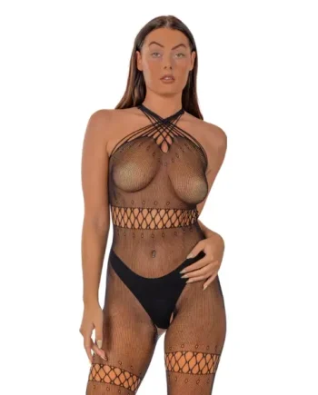 Lace by LJ Crossover Neck Crotchless Bodystocking