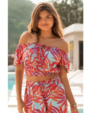 Crinkle Viscose Bardot Smock Tie Co-Ord Top - Aqua Palm