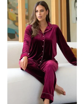 Velour Contrast Trim Pyjama Set - Pomegranate