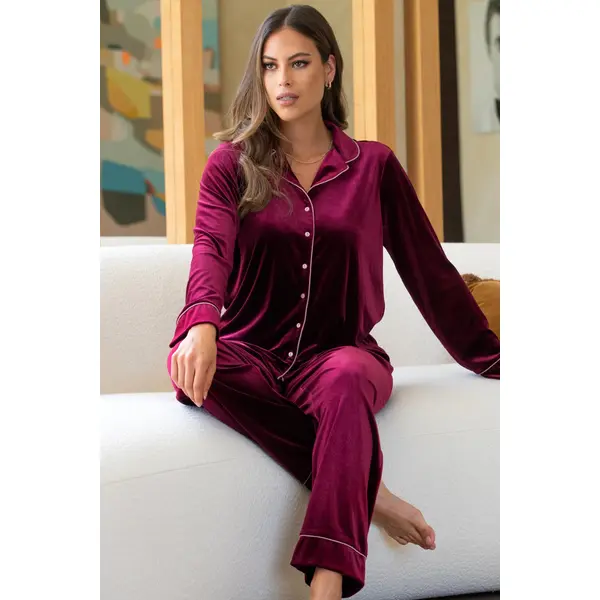 Velour Contrast Trim Pyjama Set - Pomegranate