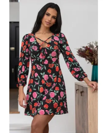 Bianca Cut Out Detail Slinky Stretch Dress - Black Floral