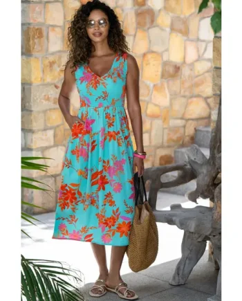 Darcie V Neck Shirred Bodice Midi Dress - Aqua/Orange