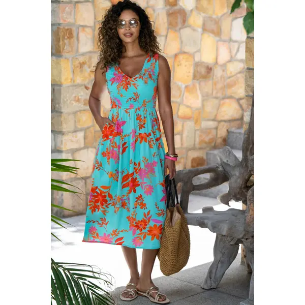 Darcie V Neck Shirred Bodice Midi Dress - Aqua/Orange