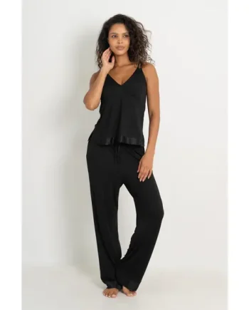 Jersey and Satin Moulded Cup Cami Trouser Pyjama Set - Black