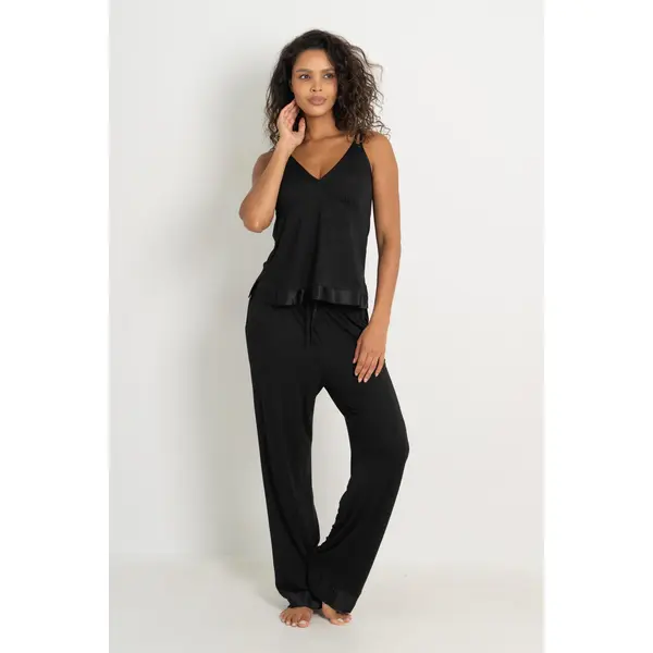 Jersey and Satin Moulded Cup Cami Trouser Pyjama Set - Black