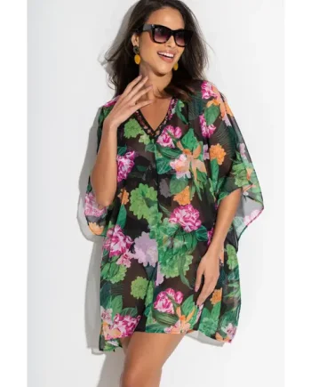 Chiffon V-Neck Embellished Kaftan - Black/Green/Pink