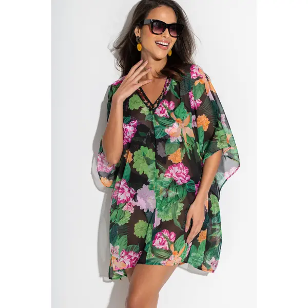 Chiffon V-Neck Embellished Kaftan - Black/Green/Pink