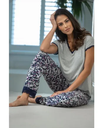 Sofa Loves Lace T-Shirt and Trouser Pyjama Set - Grey/Navy/Pink