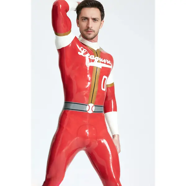 Latex Male Leaguers Baseball Look Shoulder Zip Catsuit