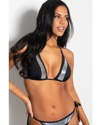 Sea Queen Sequin Triangle Bikini Top - Black/Silver