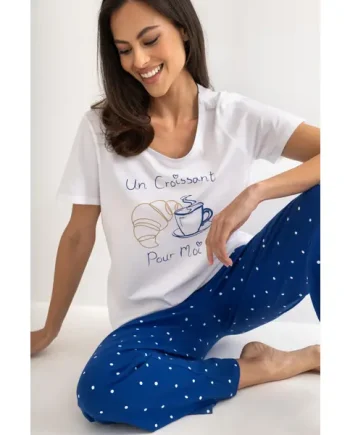 Cotton Jersey Croissant Trouser Pyjama Set - White/Blue