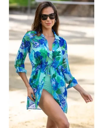 Chiffon Button Through Beach Shirt - Aqua Tropical
