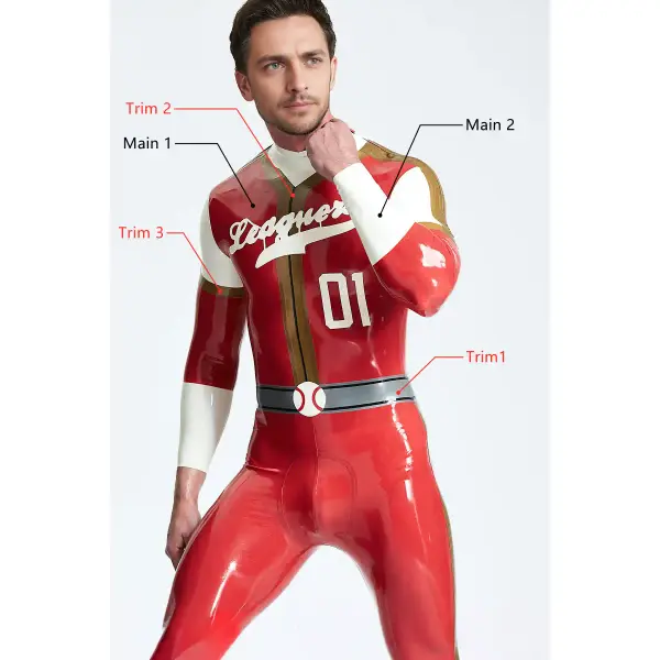 Latex Male Leaguers Baseball Look Shoulder Zip Catsuit