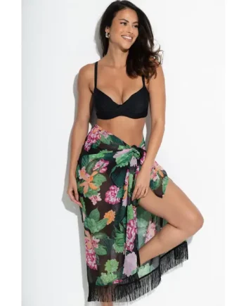 Fringe Trim Chiffon Multiway Beach Sarong - Black/Green/Pink
