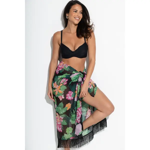 Fringe Trim Chiffon Multiway Beach Sarong - Black/Green/Pink