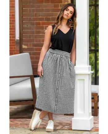 Deanna Shirred Waist Button Detail Woven Midi Skirt - Black/White