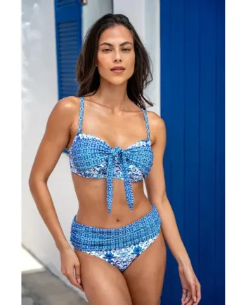 St Lucia Fold Over Bikini Brief - White/Blue