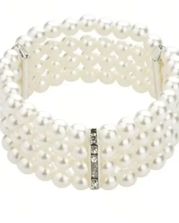 B11 – Four row silver colour crystal and white pearl effect elasticated bracelet