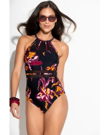 Beach Bound High-Neck Swimsuit - Black Floral