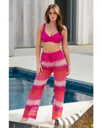 Colour Block Crochet Co-Ord Beach Trouser - Red/Pink