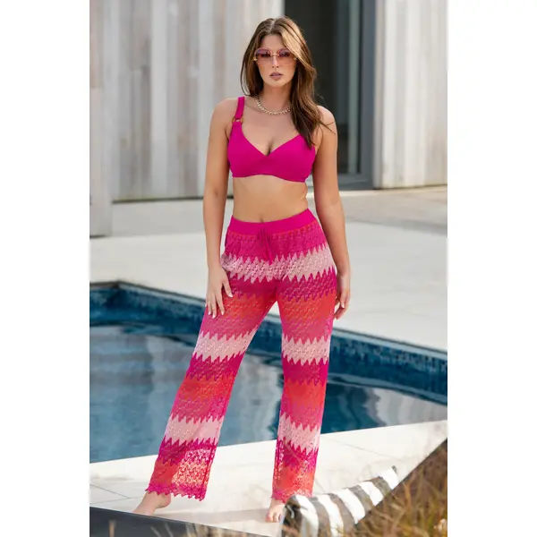 Colour Block Crochet Co-Ord Beach Trouser - Red/Pink