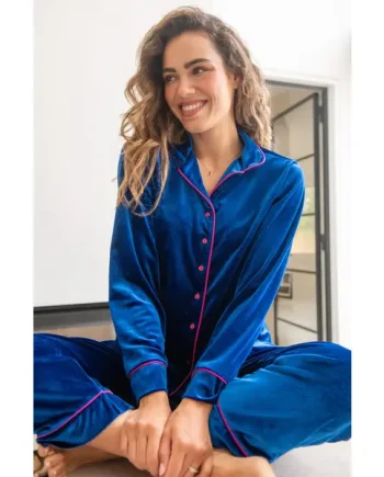 Velour Contrast Trim Pyjama Set - Cobalt/Pink
