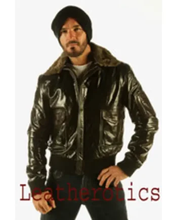 Mens Glaze Leather Bomber Flight Jacket Gents Top Aviator Fur Collar