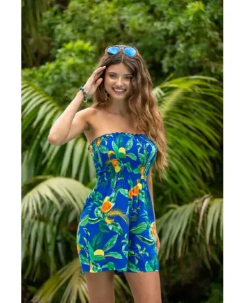 Lottie Strapless Shirred Bodice Beach Playsuit - Blue Tropical