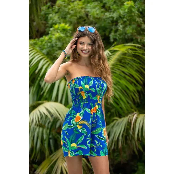 Lottie Strapless Shirred Bodice Beach Playsuit - Blue Tropical