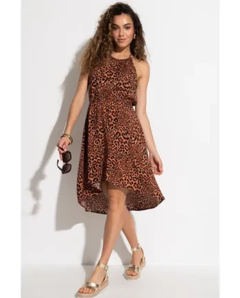 Amber Gold Chain High Neck Beach Dress - Leopard
