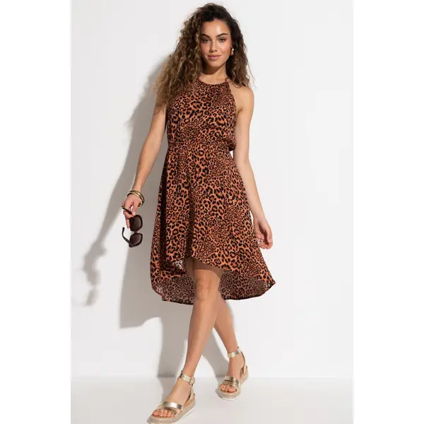 Amber Gold Chain High Neck Beach Dress - Leopard