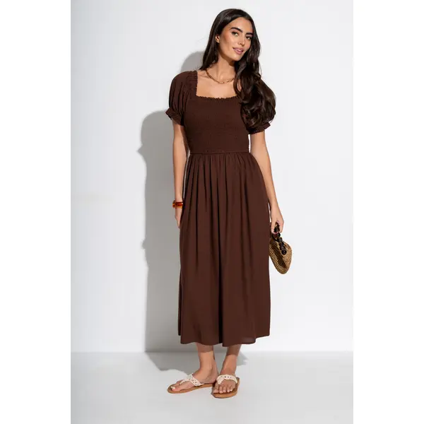Daisy Linen Blend Midi Dress - Chocolate