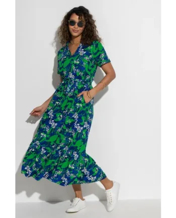 Cotton Slub Midi Shirt Dress - Navy/Green Tropical
