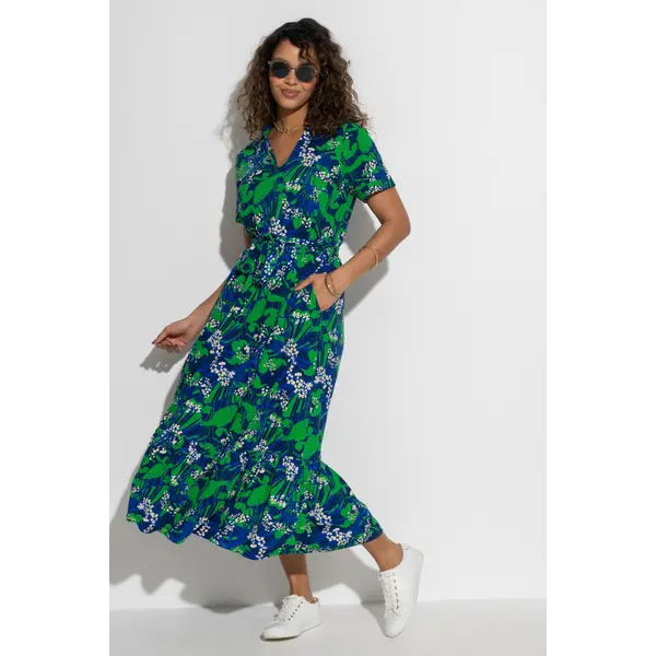 Cotton Slub Midi Shirt Dress - Navy/Green Tropical