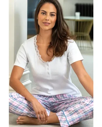 Ribbed Henley T-Shirt & Seersucker Trouser Pyjama Set - White/Pink