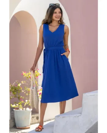 Built Up Shoulder Cotton Slub Jersey Midi Dress - Ultramarine