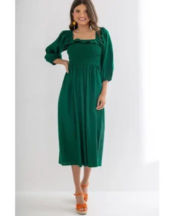 Textured Woven Frill Detail Midi Dress - Forest
