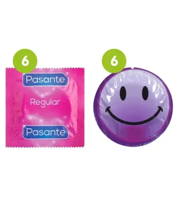 12 Mixed Condoms - 6 x Pasante Regular + 6 x EXS Smiley Faces