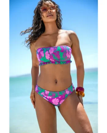 Free Spirit Frill Waist Bikini Brief - Green Pink Flower