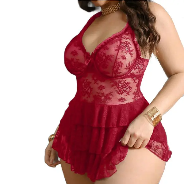 Lace Trim Mesh Bow Babydoll Lingerie Set With G-String